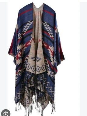 Boho Aztec Fringe Open Front shawl Poncho - Blue & Beige One Size Plus